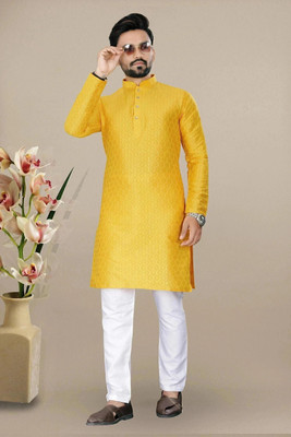 SHIVGARMENT Men Printed A-line Kurta(Yellow)