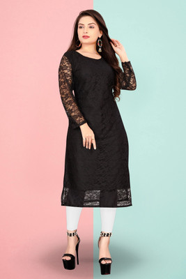 HOC's Women Self Design A-line Kurta(Black)