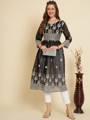 swastikethnics Women Embroidered Flared Kurta(Black)