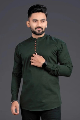 Pranse Men Solid Straight Kurta(Dark Green)