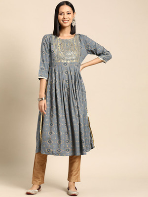 ANOUK Women Printed Straight Kurta(Grey)