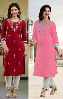 SISTO Women Chikan Embroidery Straight Kurta(Multicolor)