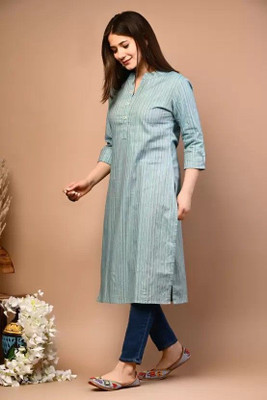 Ladylaz Women Striped Straight Kurta(Blue)