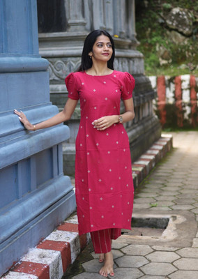 ELUYANU Women Solid A-line Kurta(Pink)