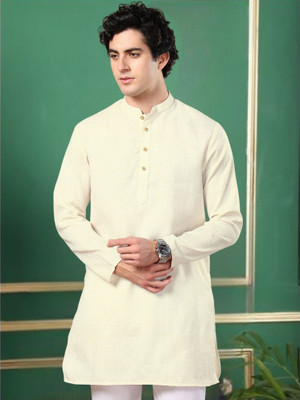 Tattva Men Woven Design Straight Kurta(Beige)