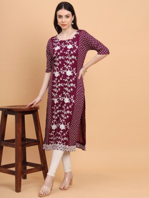 swastikethnics Women Embroidered Straight Kurta(White, Maroon)