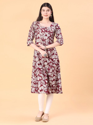 V-MART Women Printed Straight Kurta(Maroon)
