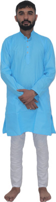 omkar Men Solid Straight Kurta(Light Blue)