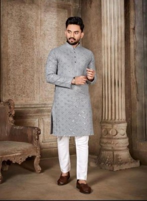 clickby Men Embroidered Straight Kurta(Grey)