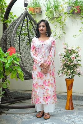 Elegance Hub Women Floral Print A-line Kurta(Pink, White)