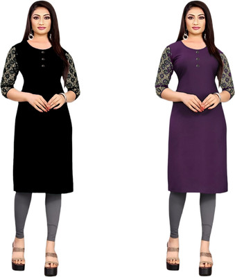 HOFC Women Solid Straight Kurta(Black, Purple)