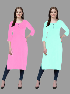 HOFC Women Solid Straight Kurta(Pink, Light Blue)