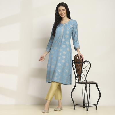 RANGRITI Women Printed Straight Kurta(Blue)