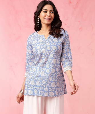 WGC Women Floral Print Straight Kurta(Blue)