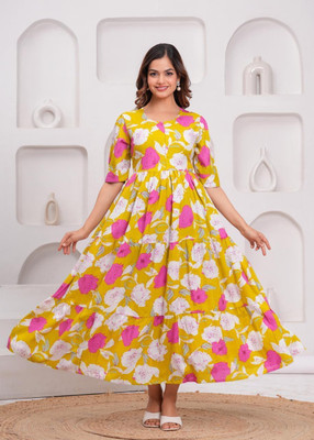 ISRANI Women Printed Anarkali Kurta(Green)