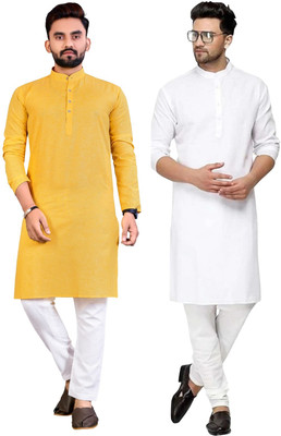 Simran Creation Men Solid Straight Kurta(Yellow, White)