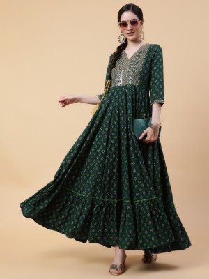 Gulmohar Jaipur Women Printed Flared Kurta(Dark Green)