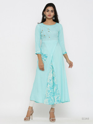 Yash Gallery Women Embroidered Flared Kurta(Light Blue)