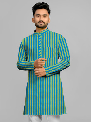 Afifa Collections Men Striped Straight Kurta(Blue, Green)