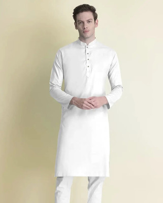 ART CURTAIN Men Solid Straight Kurta(White)