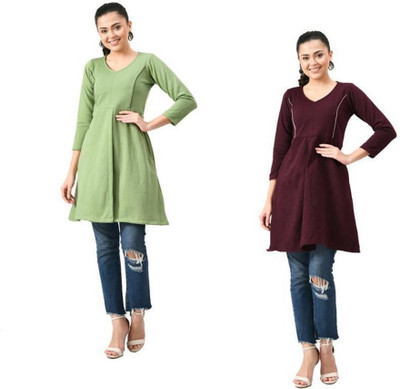 Indeweaves Women Solid A-line Kurta(Green, Maroon)