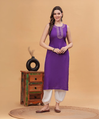 NYPA Women Embroidered Straight Kurta(Purple)