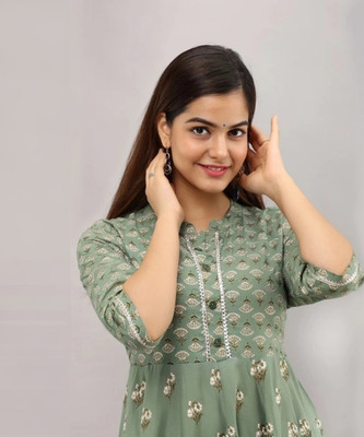 Anamika creations Women Printed Flared Kurta(Green)