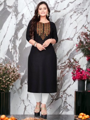 Krihani Women Embroidered Straight Kurta(Black)