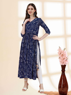 Majesta Women Printed Flared Kurta(Dark Blue)