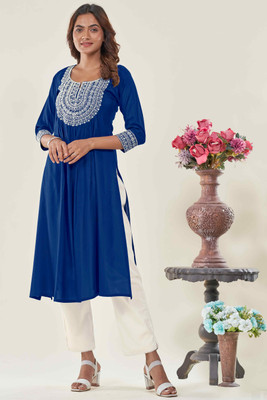 Glomee Women Embroidered Straight Kurta(Dark Blue, White)