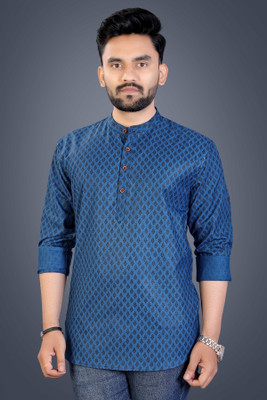 Nnc Men Geometric Print Straight Kurta(Dark Blue)