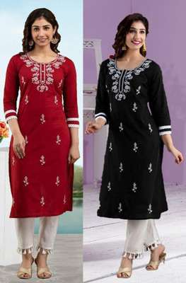 vikshi Women Chikan Embroidery Straight Kurta(Multicolor)