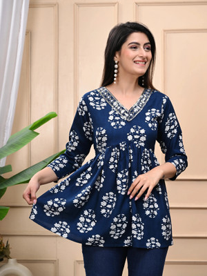 Gundia Fashion Women Floral Print Flared Kurta(Dark Blue, White)