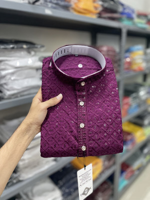ANREX Men Self Design Straight Kurta(Purple)