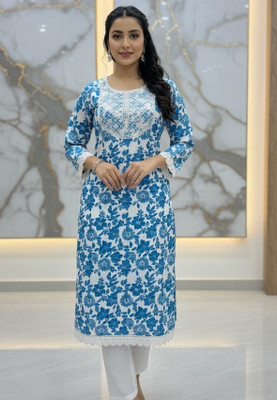 ASM TEXTILE Women Floral Print Straight Kurta(Blue)