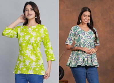 ARZOO Women Floral Print Flared Kurta(Green, Grey)