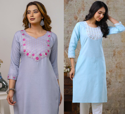 AuzaSho Collection Women Embroidered Straight Kurta(Grey, Blue)