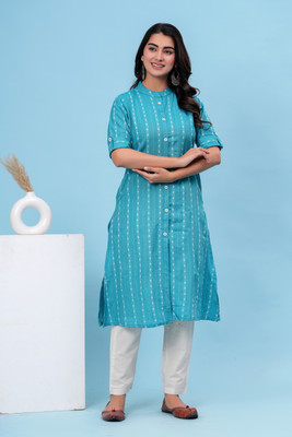 Vaali Women Striped A-line Kurta(Blue)