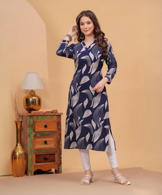 DAEVISH K Women Floral Print Straight Kurta(Blue)