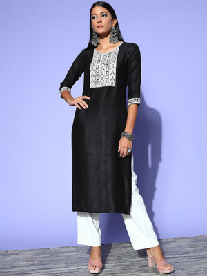 Indo Era Women Chikan Embroidery A-line Kurta(Black)