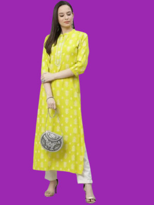 Satpoths Women Embroidered Straight Kurta(Yellow)