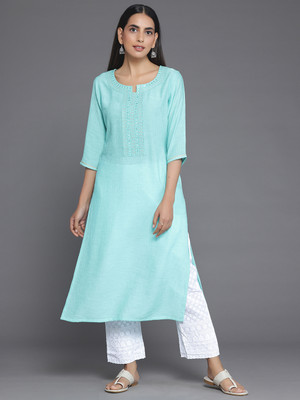 LIBAS Women Embroidered Straight Kurta(Blue)