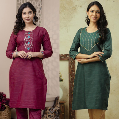 AuzaSho Collection Women Embroidered Straight Kurta(Multicolor)