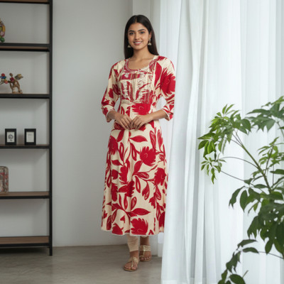 Reyza Women Floral Print, Printed, Embroidered Anarkali Kurta(Red)