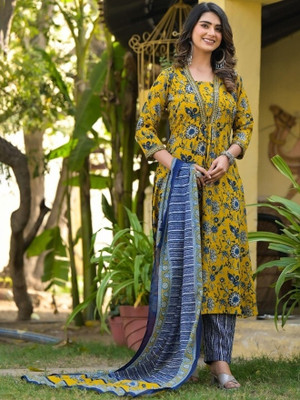 MISS CLOTHING Women Printed Flared Kurta(Yellow, Blue)