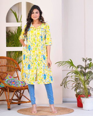 S creative Women Printed A-line Kurta(Yellow)