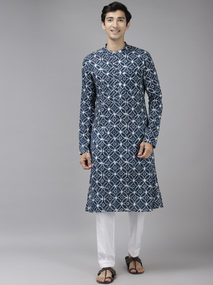 Fashvio Men Printed Straight Kurta(Blue)