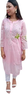 A A Handwork Chikan Women Chikan Embroidery A-line Kurta(Pink)