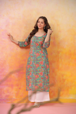 Mauka Women Printed Straight Kurta(Green)