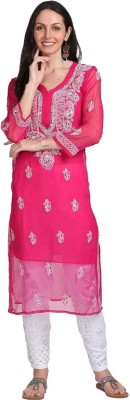 nazma fashion point Women Chikan Embroidery A-line Kurta(Pink)